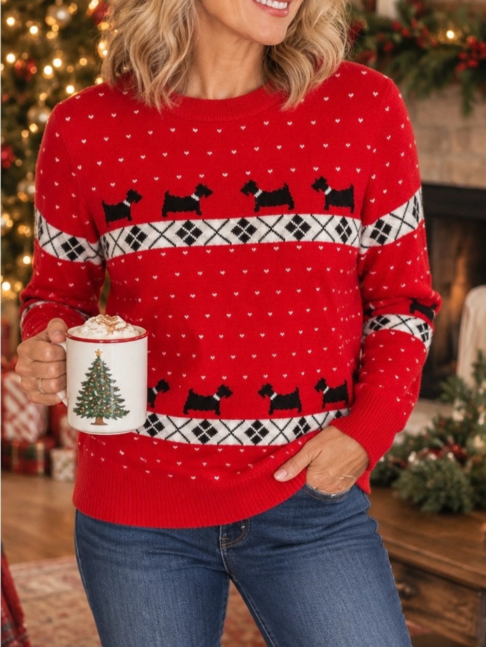 Charter Club Scottie Dog Sweater Womens M Red Fair Isle Argyle Christmas Holiday